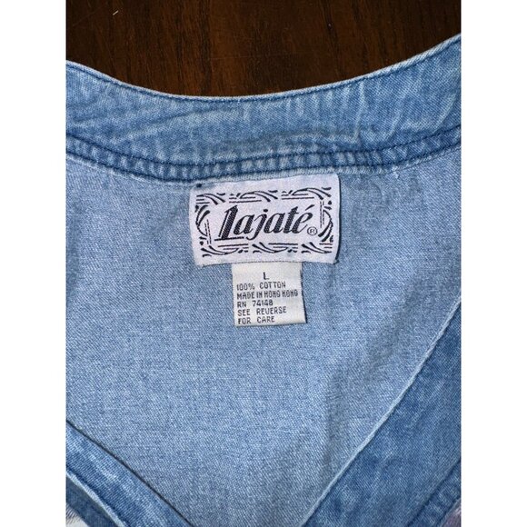 Lajate Denim & Plaid Flannel Button Down Shirt Shacket Womens Large 80s Vintage - Picture 5 of 9